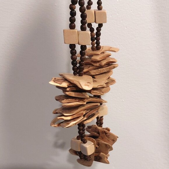 Women's Beige Brown Multi-Shapes Wood Slats/Beads Statement Necklace - Picture 7 of 10